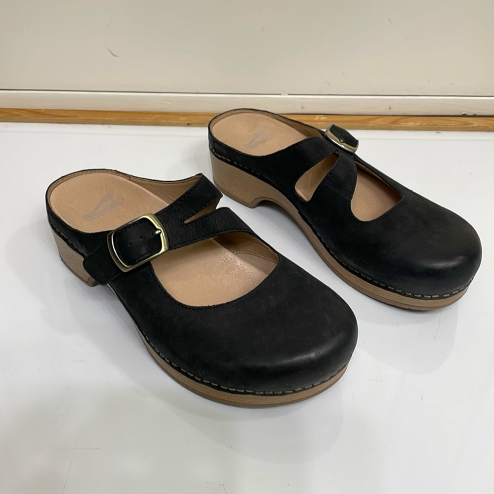 Dansko Black Leather Mary Jane Clog Mules